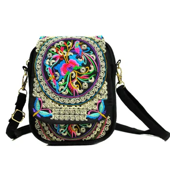 Новост, женствена чанта през рамото си, пътна чанта, реколта чанта с цип с цветна бродерия, чанта през рамо за жени