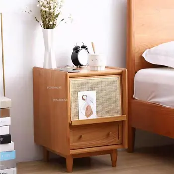 Нощни шкафчета от масив, дърво и ратан в японски стил, малка странична масичка в ретро стил, мебели за спалня в скандинавски стил, Малък шкаф за съхранение на странични