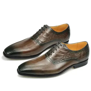 Оксфордские обувки от естествена кожа, мъжки Модни Официални обувки на дантела-за сватбени партита, Луксозно Елегантна бизнес рокля, Обувки за банкет