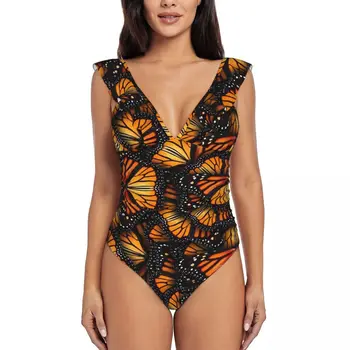 Оранжев Монарх Пеперуди Модни Дамски Бикини Пълнозърнести Плажни Бански С V Образно Деколте Бански S