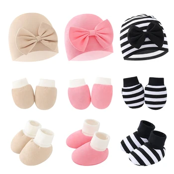 Панделки, детска шапка, ръкавици, чорапи, комплект памучна шапчица за новородено, шапка за момичета и момчета, аксесоари за деца, подарък за новородено 0-6M
