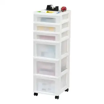 Пластмасова количка за съхранение с 6 чекмеджета, органайзер и джанти за възрастни, бял/перла