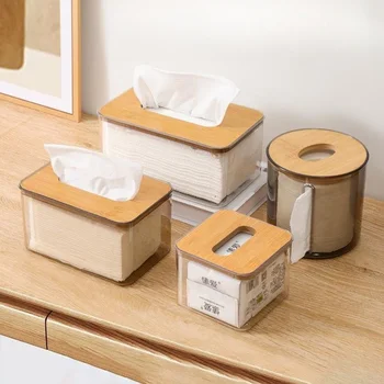 Прозрачна кутия за салфетки с капак на дървена кутия за дискове за салфетки Подвижна Диспенсер за хартиени кърпички Квадратна Пластмасова Кутия за съхранение на хартия в дома на работния плот