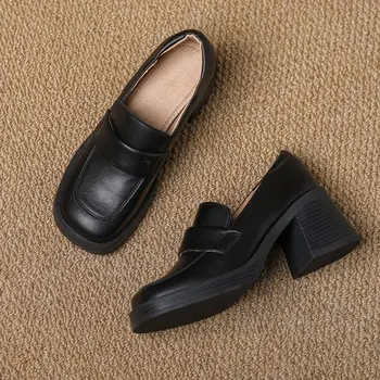 Пролетно новост 2023 г.; Женски-фини обувки с дебел ток Lefu; Обувки в британски стил с квадратни пръсти в ретро стил с високи токчета w-0s029
