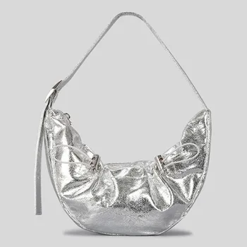 Просто дизайнерска дамска чанта от съвсем малък във формата на полумесец, благородна плиссированная чанта-облак, модерна чанта за подмишниците с лакокрасочным покритие