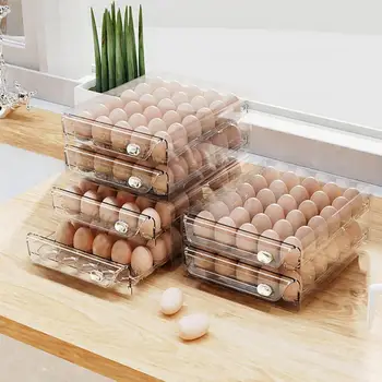 Просторен органайзер за яйца с контрол на свежестта, двуслойни контейнер за съхранение на яйца, с мащаба на таймер, компактна поставка за яйца в хладилника