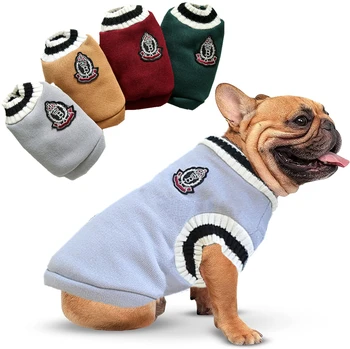 Пуловер за кучета и котки, вязаный жилетка с V-образно деколте в стил колеж, Плюшено кученце, Зимно топло облекло за малки, средни, големи кучета и котки