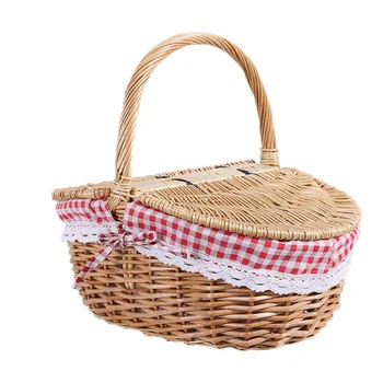 Ракита кошница за пикник в стил кънтри с капак, дръжка и втулки за пикник, партита и барбекю