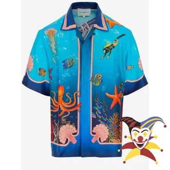 Риза Казабланка Silk Marine Life World За мъже и жени е 1: 1, Хавайски плажни ризи по-добро качество с къс ръкав