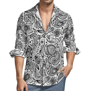 Риза с цветя модел Пейсли, Мъжки, Черно-бели ежедневни ризи, Уличен стил, Дизайнерски блузи с дълъг ръкав, ретро-топ Оверсайз, подарък за рожден ден
