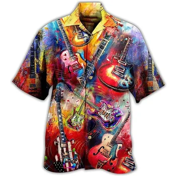 Ризи с принтом музикални инструменти, годишният мъж на върха на копчета, дишащи дрехи свободно, намаляване, удобни меки ризи с забавен принтом