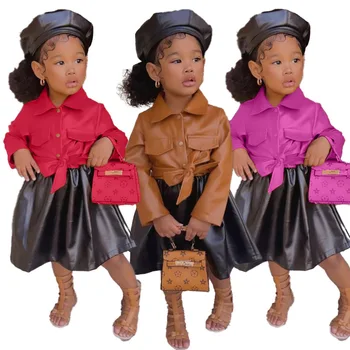 Рокля в стил мозайка от изкуствена кожа с дълъг ръкав за момичета 1-8 години, Есен облекло, Рокли, Ежедневни рокли за момичета с колан, съоръжения