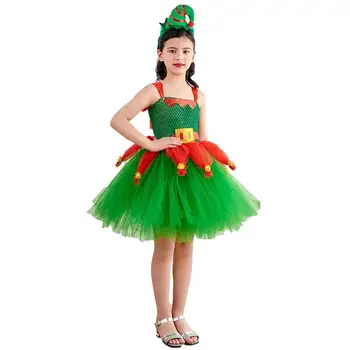 Рокля на Елфа за момичета, Коледен костюм на Елф за момичета, Зелен Сладък Детски празничен костюм на Елф, Подаръци за момичета с шапка на главата