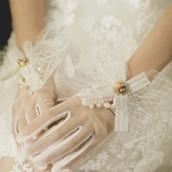 Ръкавици булката За сватбеното парти, Бели Мрежести Дантелени ръкавици с лък, Дамски Елегантни ръкавици с имитация на перли, Аксесоари за костюми за партита