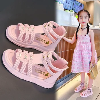 Сандали за момичета, лятото 2023, Ново корейското издание, Обувки на принцесата За по-големите деца, Мека подметка, Високи сандали за малки момичета, Детски