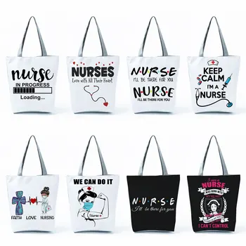 Сгъваеми Еко чанти за Многократна употреба за пазаруване, Ежедневни Дамски чанта през рамо с Голям капацитет, Адаптивни Нова Чанта с писмото принтом за медицински сестри