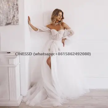 Секси сватбена рокля с дълги ръкави и висока цепка, прозрачно 3D дантелено сватбена рокля, нова мода