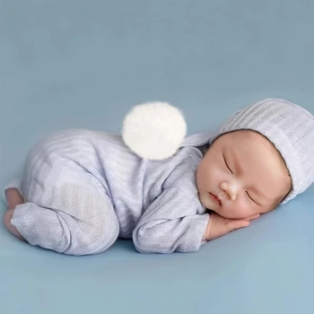 Сладък украшение за снимки на новородени с вязаным дълга опашка, гащеризон с качулка, реквизит за снимки, мека и удобна шапчица-гащеризон