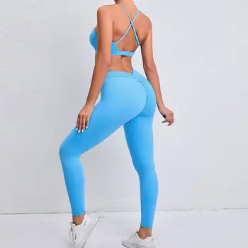 Спортен комплект за йога, Дамски тренировочная дрехи с ефект повдигащ, Спортно облекло от ликра, Дамски комплекти спортни дрехи за фитнес, Дамско облекло, Синьо-бяло-тъмно синьо
