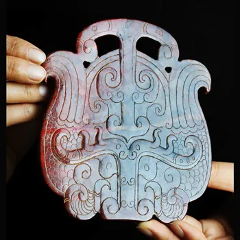Стар Порцеланов натурален хотанский нефрит Ръчно изработени с двойна плоча на дракона bi 5.4 инча a
