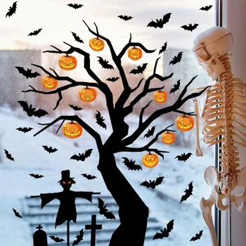 Стикер на прозореца под формата на тиква с виртуален скелет на прилеп за Хелоуин, стъкло, стикер, фестивал на призраци, честит 2023, декор за парти в чест на Хелоуин за дома
