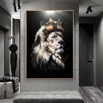 Съвременно изкуство животни лъвска Глава с корона, рисунки върху платно, постери и щампи, стенни художествени картини за вашия интериор, дневна (без рамка)