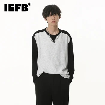 Тенденцията Мъжки ризи с дълъг ръкав IEFB, Новост Есента 2023, Корейски Стил, Свободна Тениска с подплата в Контрастен Цвят, Всекидневни Пуловер, Потник 9C1848