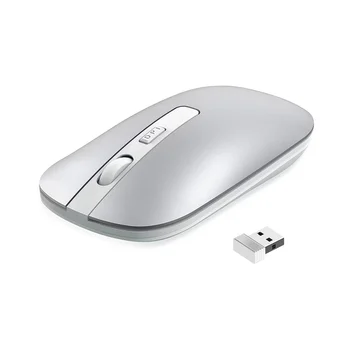 Тиха безжична мишка, тънки преносими компютърни мишки 2,4 G с USB-приемник, тиха мобилна оптична мишка (сребрист)
