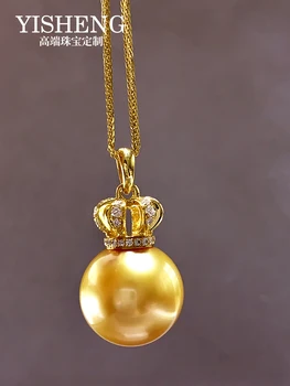 Филипинската окачване от естествен толстой злато с изключително здрав перли цвят на морска вълна, кръгла корона от злато 18 Карата с диаманти, златни мъниста Nanyang