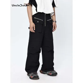 Функционални панталони-карго UncleDonJM с множество джобове, мъжки прави панталони-карго с бръчките, мъжки панталони в стил хип-хоп, мъжки панталони