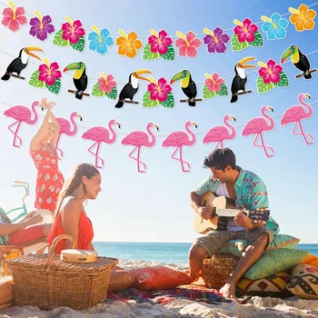 Хавайски декоративен Банер, Летни Плажни Гирлянди, Цвете, Фламинго, Птици, Книжен Венец на Рожден Ден, Банер за партита 