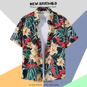 Хавайски мъжка риза с флорална принтом, Летен Топ с геометричен принтом и къси ръкави, Однобортная ежедневни дрехи за ваканция на морето, Оверсайз