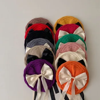 Хубава шапка-барета с лък на лента, вязаная капачка за момичета, есенно-зимна шапка на художник, Реквизит за снимки в корейски стил, Аксесоари за дрехи