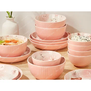 Цветна чаша, прибори за хранене, Домакински купа за хранене, Комплект чинии, Креативна керамични изделия, Ориз и купа