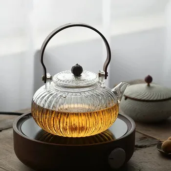 Чайник С дървена дръжка Комплект Чаени аксесоари Филтър за купата на Китайската Чаена Церемония Силикон С високо съдържание на Бор Прозрачен Тиква Гърне 900 мл