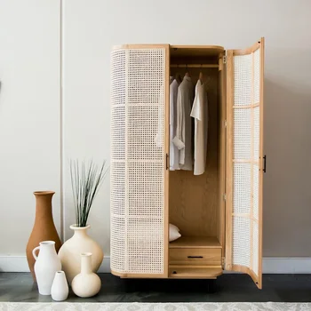 Шкаф с двойни врати от масивно дърво в скандинавски стил, лесен шкаф за съхранение от ратан в ретро стил, спалня, шкаф за дрехи от необработени дърво