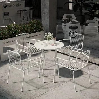 бял минималистичен уличен маса и стол от ковано желязо, градинска мебел и тераса, вътрешен двор, балкон, маса и стол за почивка, Z